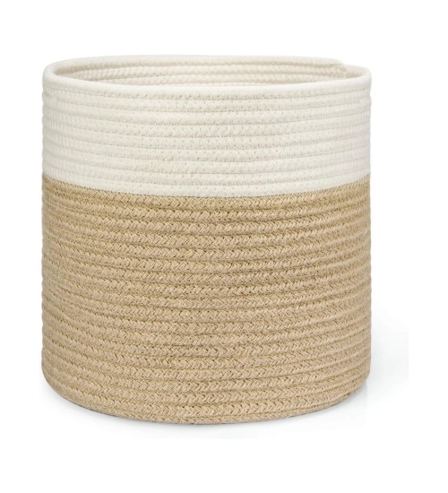 Cotton Large Woven Storage Basket 11x11 Inch Pack of 1 (Beige White)
