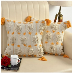 Cotton Handcrafted Pit Loom Cushion Cover 16x16 Inch Pack of 2 (Yellow)