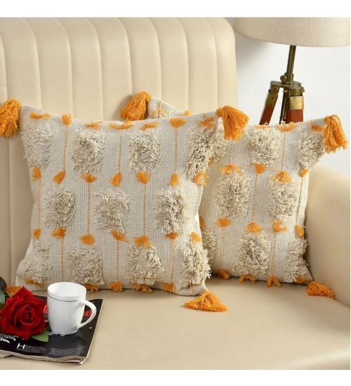 Cotton Handcrafted Pit Loom Cushion Cover 16x16 Inch Pack of 2 (Yellow)
