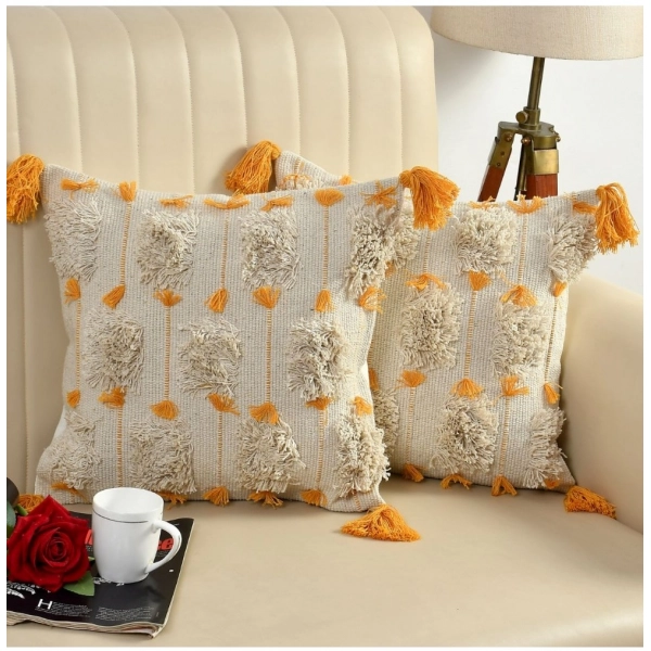 Dropship Cotton Handcrafted Pit Loom Cushion Cover 16x16 Inch Pack of 2 (Yellow)