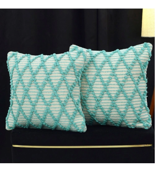 Cotton Handcrafted Pit Loom Cushion Cover 16x16 Inch Pack of 2 (Sea Green)