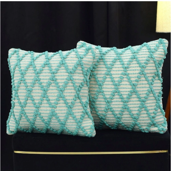 Dropship Cotton Handcrafted Pit Loom Cushion Cover 16x16 Inch Pack of 2 (Sea Green)