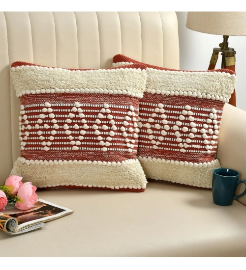 Cotton Handcrafted Pit Loom Cushion Cover 16x16 Inch Pack of 2 (Red Cream)