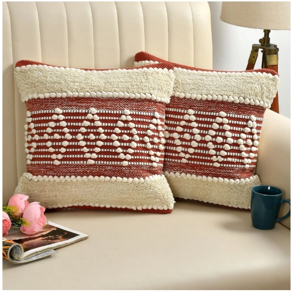Dropship Cotton Handcrafted Pit Loom Cushion Cover 16x16 Inch Pack of 2 (Red Cream)
