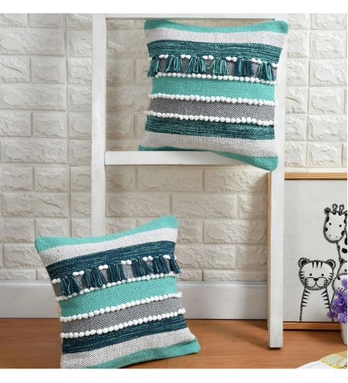 Cotton Handcrafted Pit Loom Cushion Cover 16x16 Inch Pack of 2 (Green)
