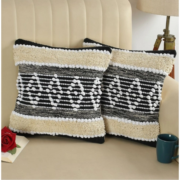 Dropship Cotton Diamond Handcrafted Pit Loom Cushion Cover 16x16 Inch Pack of 2 (Black Cream)