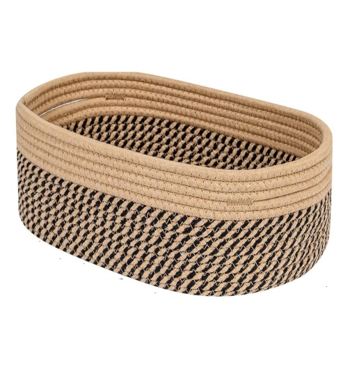 Cotton Oval Storage Rope Woven Baskets Pack of 1 (Beige Black)