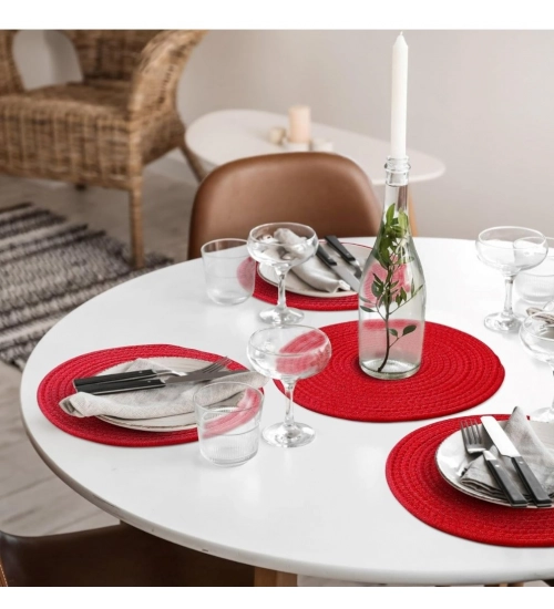 Cotton Dining Table Round Placemat Mats Set of 4 (Red)