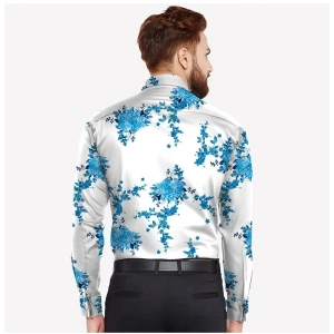 Generic Men's Casual Viscose Rayon Floral Print Full Sleeve Collar Shirt (Blue)