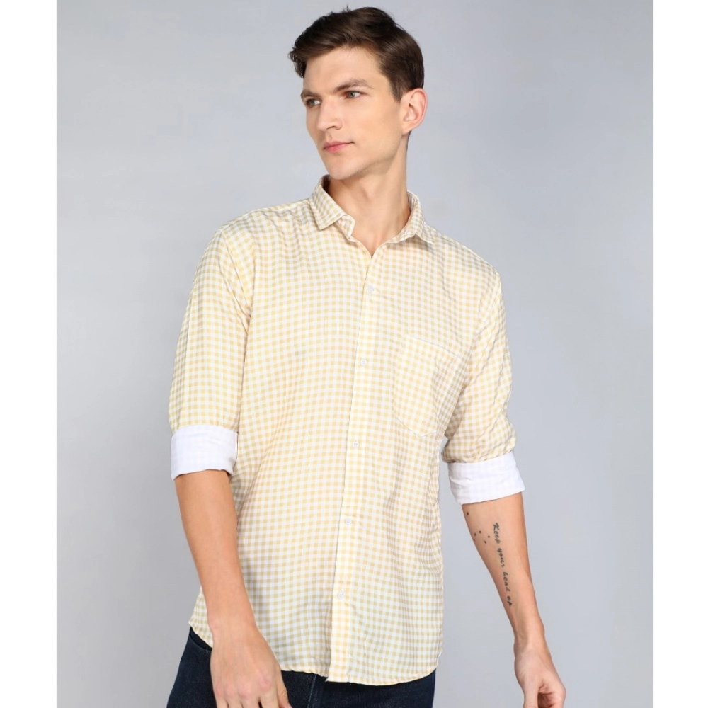 Generic Men's Casual Viscose Rayon Checkered Full Sleeve Collar Shirt (Brown-White)