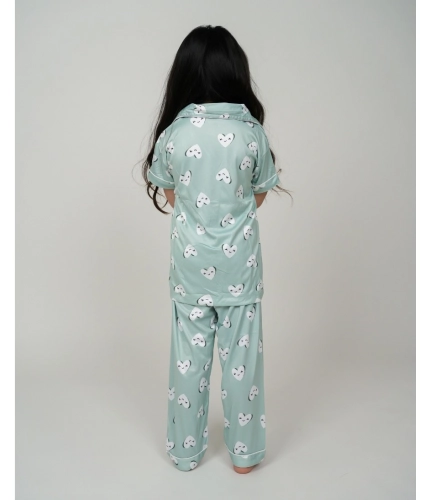 Girl's Silk Bleand Printed Short Sleeve Night Suit Set (Light Green)