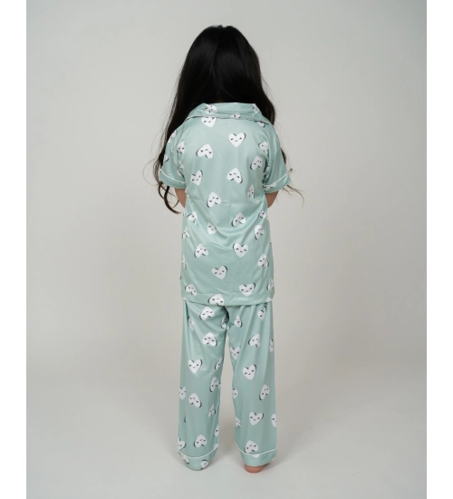 Girl's Silk Bleand Printed Short Sleeve Night Suit Set (Light Green)