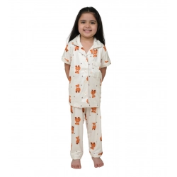 Girl's Silk Bleand Printed Short Sleeve Night Suit Set (White)
