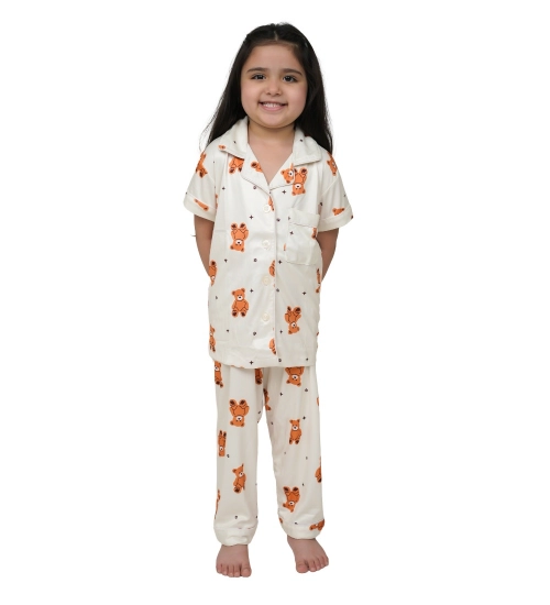 Girl's Silk Bleand Printed Short Sleeve Night Suit Set (White)