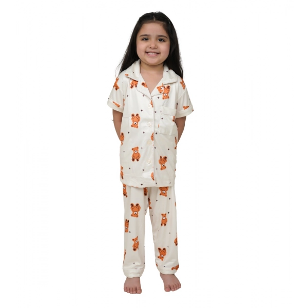 Dropship Girl's Silk Bleand Printed Short Sleeve Night Suit Set (White)