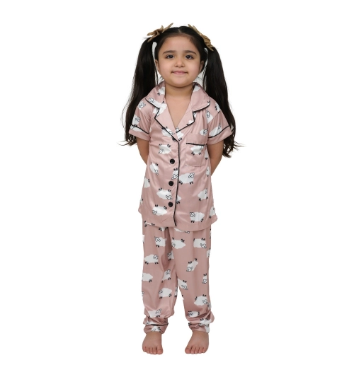 Girl's Silk Bleand Printed Short Sleeve Night Suit Set (Brown)