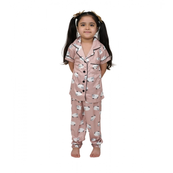 Dropship Girl's Silk Bleand Printed Short Sleeve Night Suit Set (Brown)