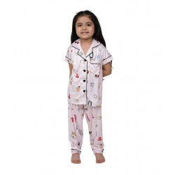 Girl's Silk Bleand Printed Short Sleeve Night Suit Set (Creem)