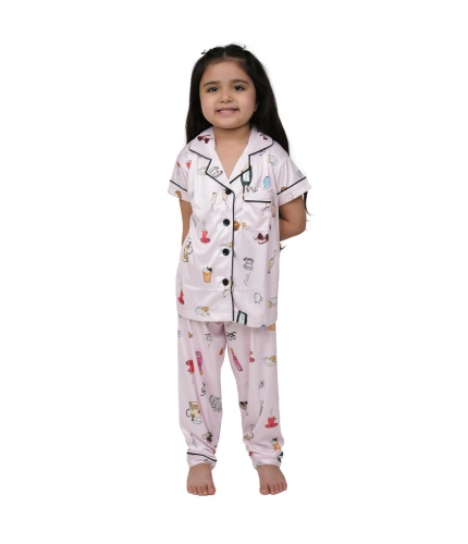 Girl's Silk Bleand Printed Short Sleeve Night Suit Set (Creem)