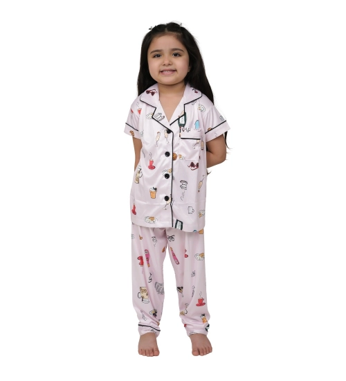 Girl's Silk Bleand Printed Short Sleeve Night Suit Set (Creem)