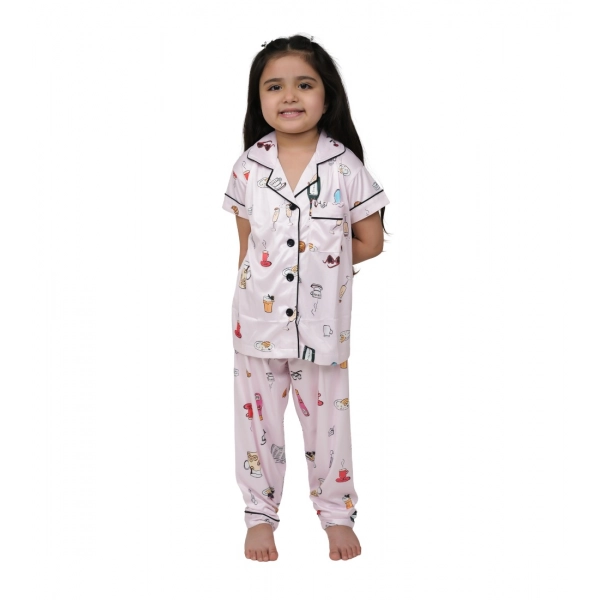 Dropship Girl's Silk Bleand Printed Short Sleeve Night Suit Set (Creem)