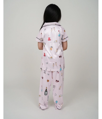 Girl's Silk Bleand Printed Short Sleeve Night Suit Set (Light Pink)