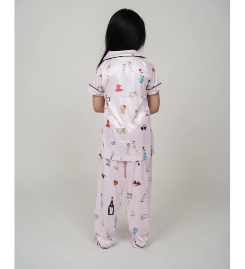 Girl's Silk Bleand Printed Short Sleeve Night Suit Set (Light Pink)