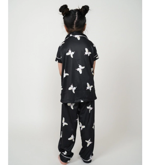 Girl's Silk Bleand Printed Short Sleeve Night Suit Set (Black)