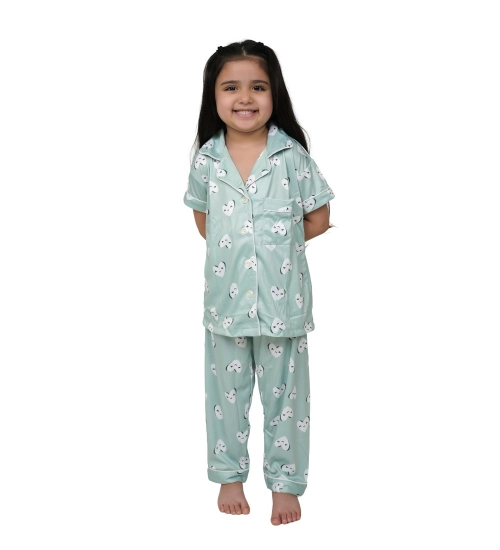 Girl's Silk Bleand Printed Short Sleeve Night Suit Set (Light Green)