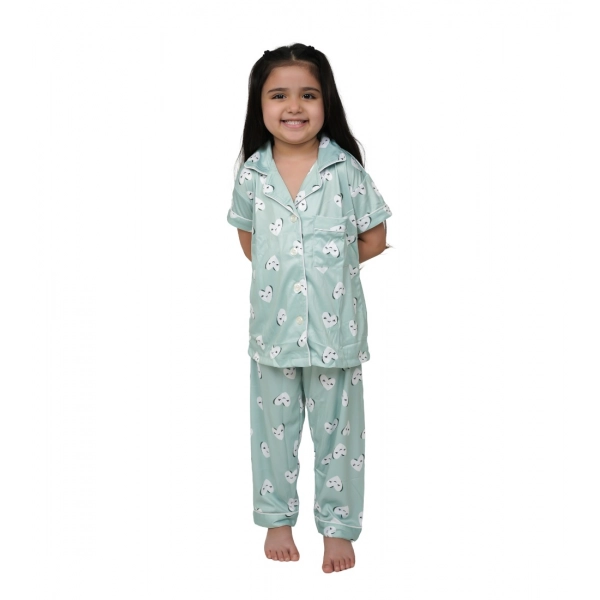 Dropship Girl's Silk Bleand Printed Short Sleeve Night Suit Set (Light Green)