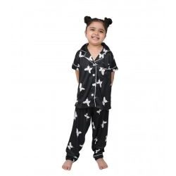Girl's Silk Bleand Printed Short Sleeve Night Suit Set (Black)