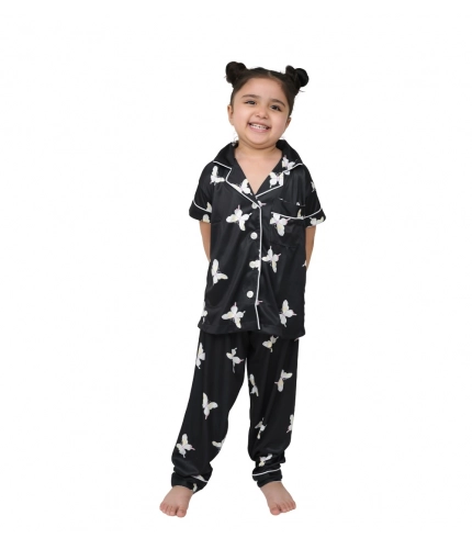 Girl's Silk Bleand Printed Short Sleeve Night Suit Set (Black)