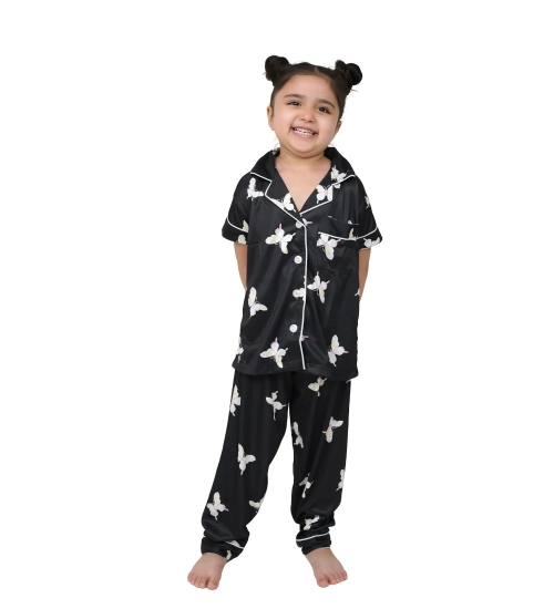 Girl's Silk Bleand Printed Short Sleeve Night Suit Set (Black)