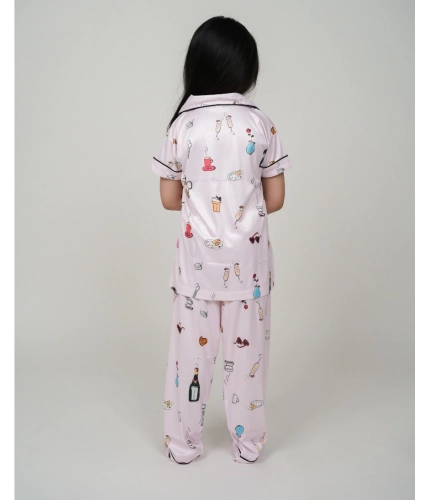 Girl's Silk Bleand Printed Short Sleeve Night Suit Set (Creem)