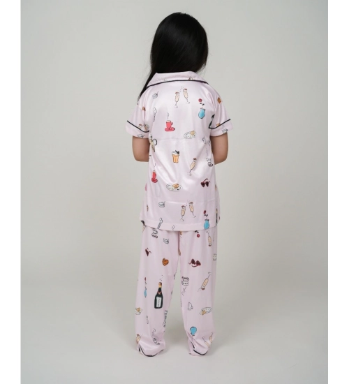 Girl's Silk Bleand Printed Short Sleeve Night Suit Set (Creem)