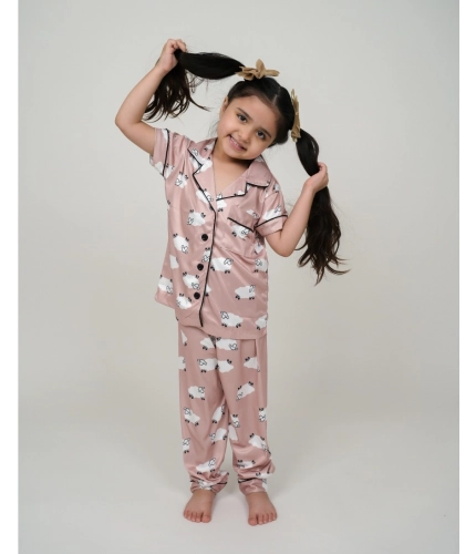 Girl's Silk Bleand Printed Short Sleeve Night Suit Set (Brown)