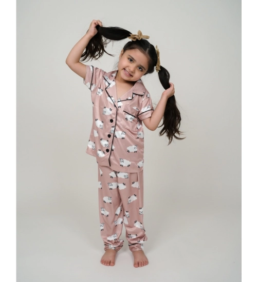 Girl's Silk Bleand Printed Short Sleeve Night Suit Set (Brown)