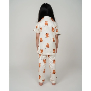 Generic Girl's Silk Bleand Printed Short Sleeve Night Suit Set (White)