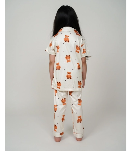 Girl's Silk Bleand Printed Short Sleeve Night Suit Set (White)