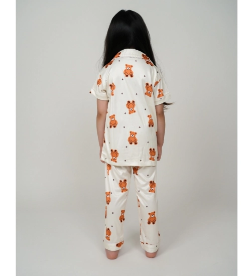 Girl's Silk Bleand Printed Short Sleeve Night Suit Set (White)