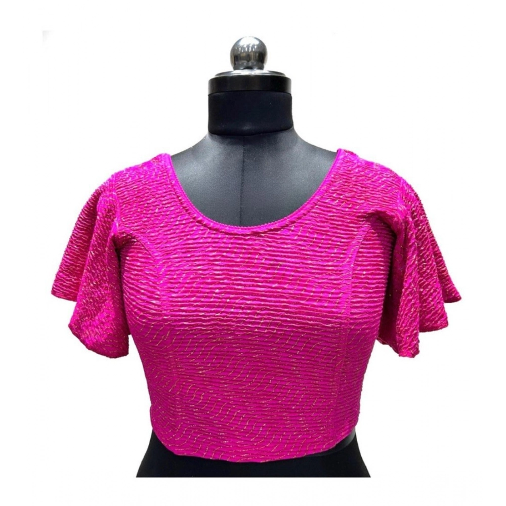 Generic Women's Lycra  Printed Round Neck Flared Sleeves Readymade Blouse (Pink, Free Size)