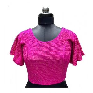 Generic Women's Lycra  Printed Round Neck Flared Sleeves Readymade Blouse (Pink, Free Size)