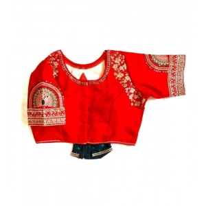 Generic Women's Shining silk Sequance Round Neck Short Sleeve Readymade Blouse (Red, Free Size)