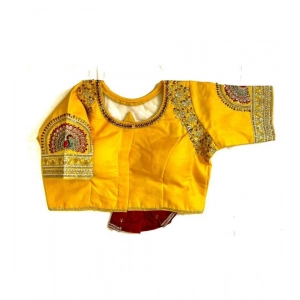 Generic Women's Shining silk Sequance Round Neck Short Sleeve Readymade Blouse (Mustard, Free Size)