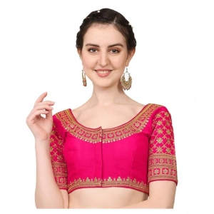 Generic Women's Silk Embroidery Coding Round Neck Short Sleeve Readymade Blouse (Pink, Free Size)