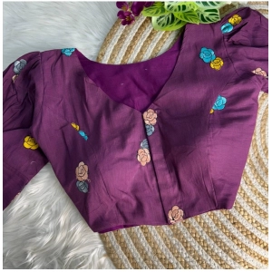 Generic Women's Khadi Cotton Embroidery V Neck Short Sleeve Readymade Blouse (Wine, Free Size)