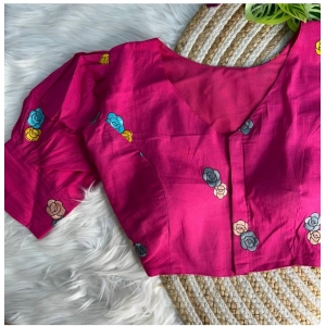 Generic Women's Khadi Cotton Embroidery V Neck Short Sleeve Readymade Blouse (Pink, Free Size)