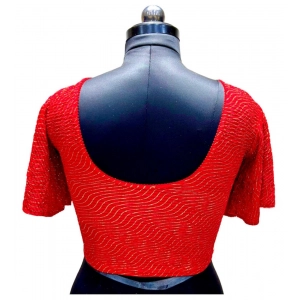 Generic Women's Lycra  Printed Round Neck Flared Sleeves Readymade Blouse (Red, Free Size)