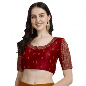 Generic Women's Phantom Silk Woven Round Neck Short Sleeve Readymade Blouse (Maroon, Free Size)