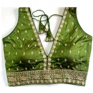 Generic Women's Silk Thread work V Neck Sleeve Less Readymade Blouse (Mehendi, Free Size)